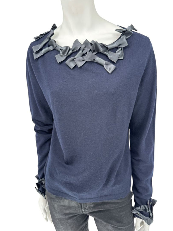 Rena Lange Navy Wool Sweater with Satin Bow Detail – Size 14 US / 46 FR