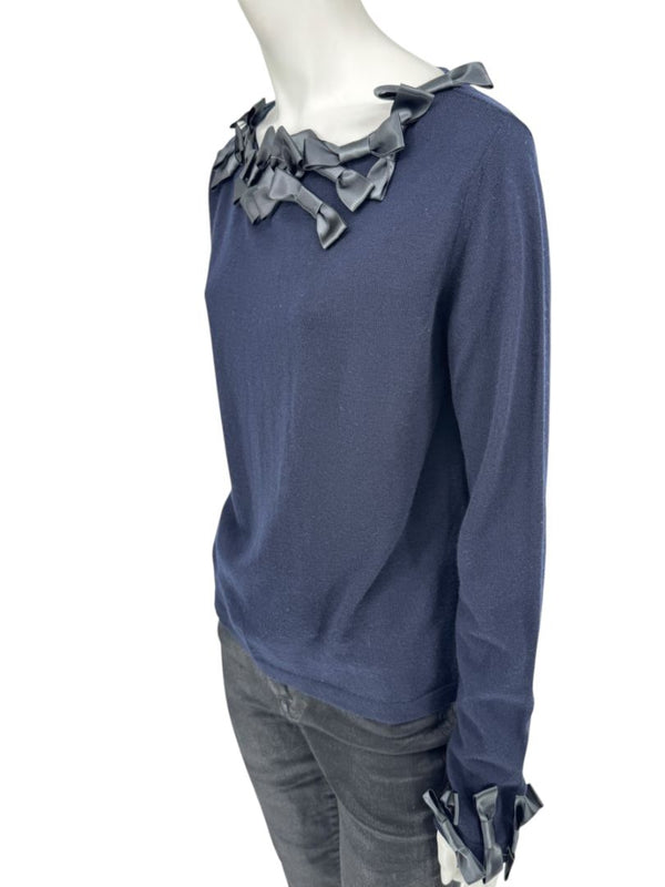 Rena Lange Navy Wool Sweater with Satin Bow Detail – Size 14 US / 46 FR