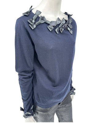 Rena Lange Navy Wool Sweater with Satin Bow Detail – Size 14 US / 46 FR