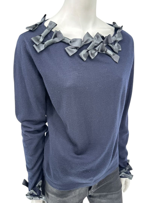 Rena Lange Navy Wool Sweater with Satin Bow Detail – Size 14 US / 46 FR