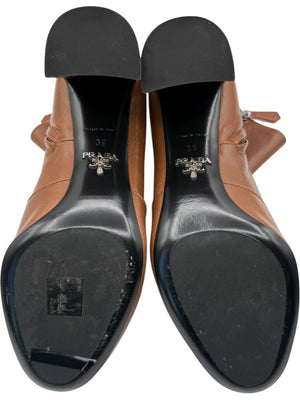 Prada Caramel Round Toe Leather Block Heel Booties – Size 39