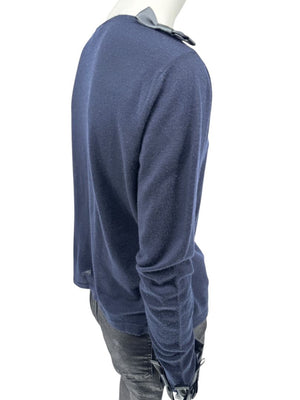 Rena Lange Navy Wool Sweater with Satin Bow Detail – Size 14 US / 46 FR