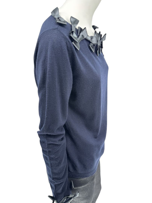 Rena Lange Navy Wool Sweater with Satin Bow Detail – Size 14 US / 46 FR