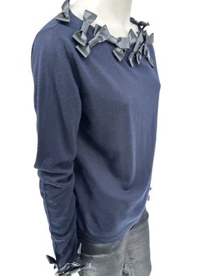 Rena Lange Navy Wool Sweater with Satin Bow Detail – Size 14 US / 46 FR