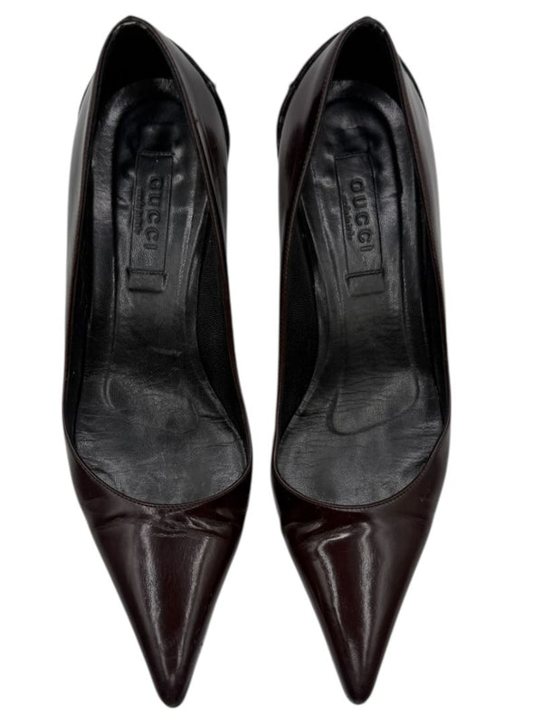 Gucci Burgundy Leather Pointed-Toe Kitten Heel Pumps – Size 36.5