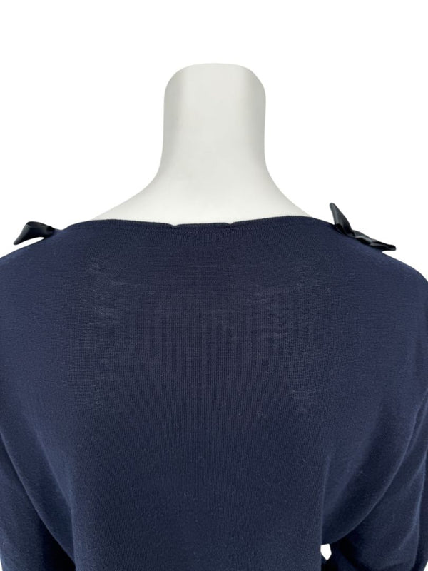 Rena Lange Navy Wool Sweater with Satin Bow Detail – Size 14 US / 46 FR