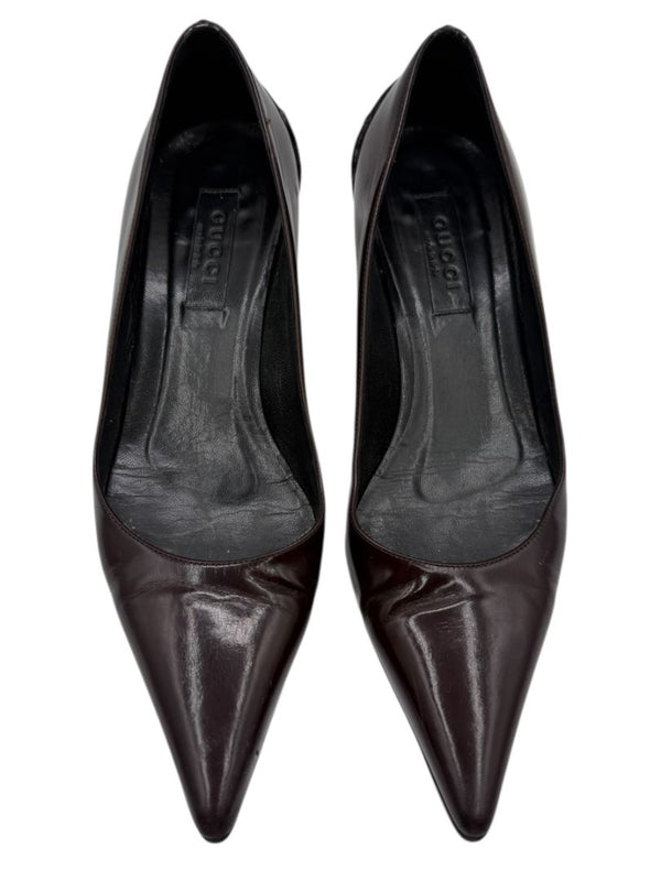 Gucci Burgundy Leather Pointed-Toe Kitten Heel Pumps – Size 36.5
