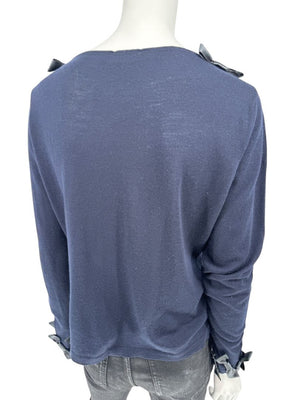 Rena Lange Navy Wool Sweater with Satin Bow Detail – Size 14 US / 46 FR