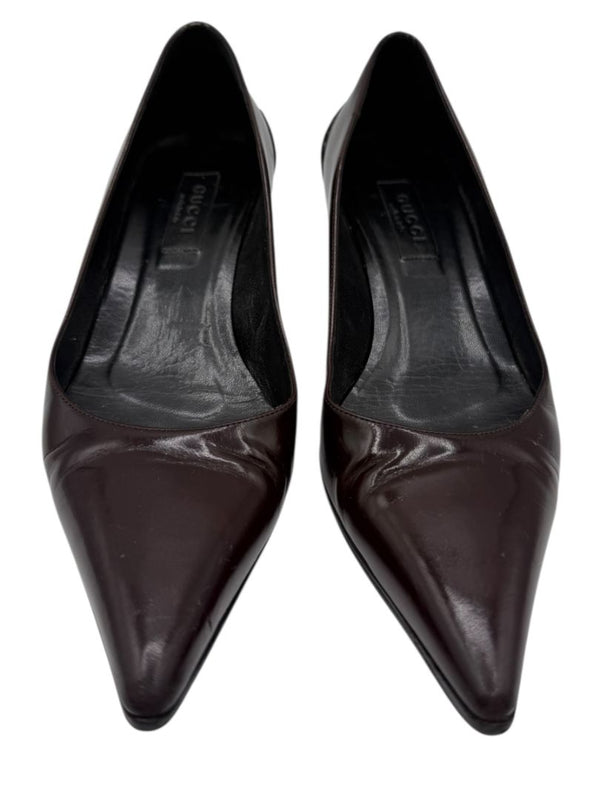 Gucci Burgundy Leather Pointed-Toe Kitten Heel Pumps – Size 36.5