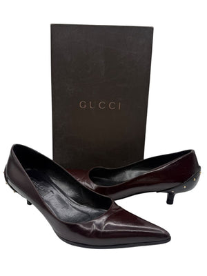 Gucci Burgundy Leather Pointed-Toe Kitten Heel Pumps – Size 36.5