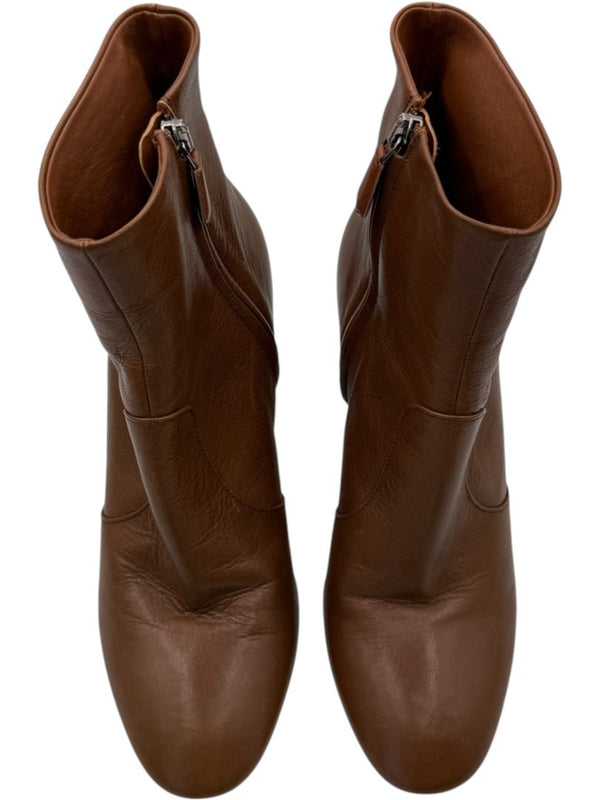 Prada Caramel Round Toe Leather Block Heel Booties – Size 39