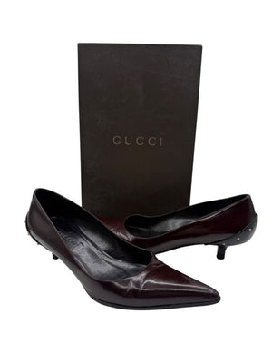Gucci Burgundy Leather Pointed-Toe Kitten Heel Pumps – Size 36.5