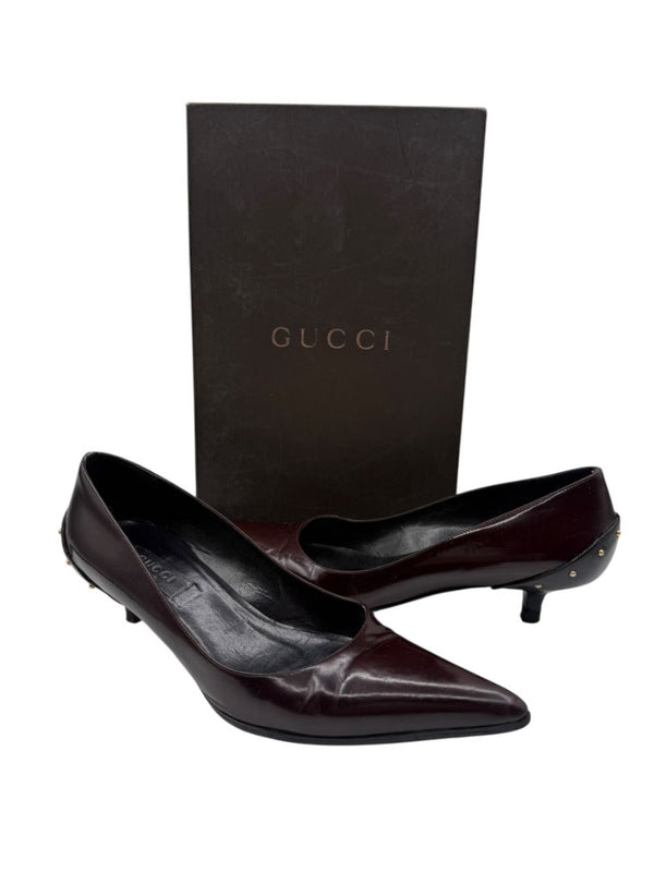 Gucci Burgundy Leather Pointed-Toe Kitten Heel Pumps – Size 36.5