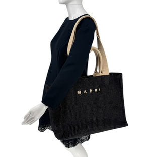 Marni Large Tote in Black raffia-effect fabric