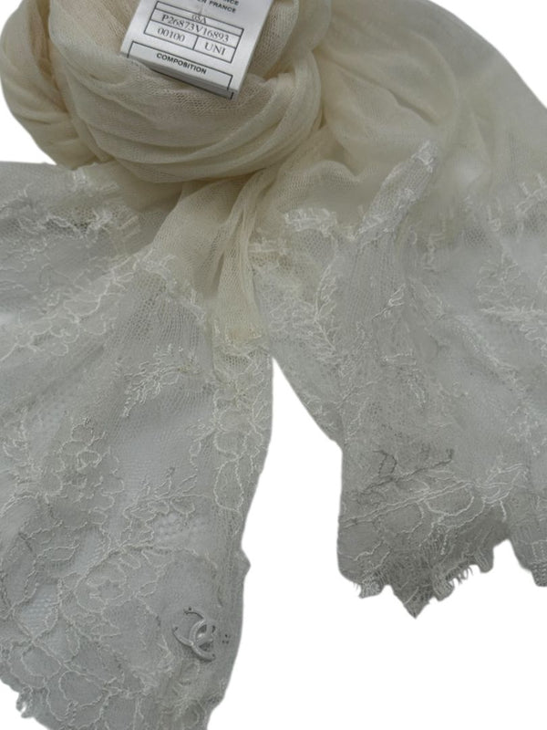 Chanel Fall 2005 Ivory Silk with Lace Trim Long Scarf