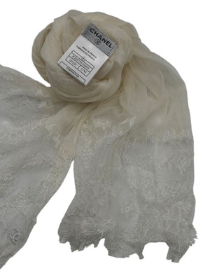 Chanel Fall 2005 Ivory Silk with Lace Trim Long Scarf