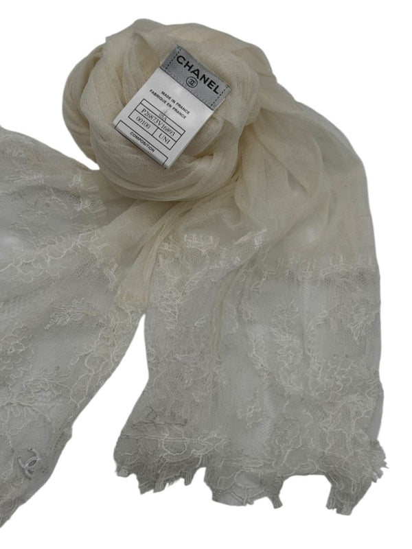 Chanel Fall 2005 Ivory Silk with Lace Trim Long Scarf