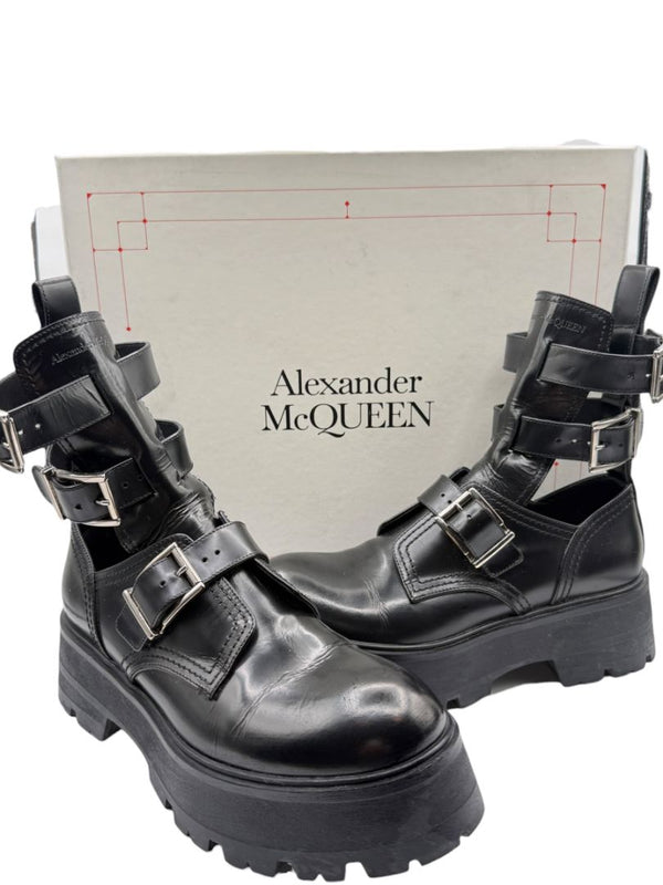 Alexander McQueen Black Leather Rave Buckle Ankle Boots – Women’s Size 40