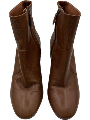 Prada Caramel Round Toe Leather Block Heel Booties – Size 39