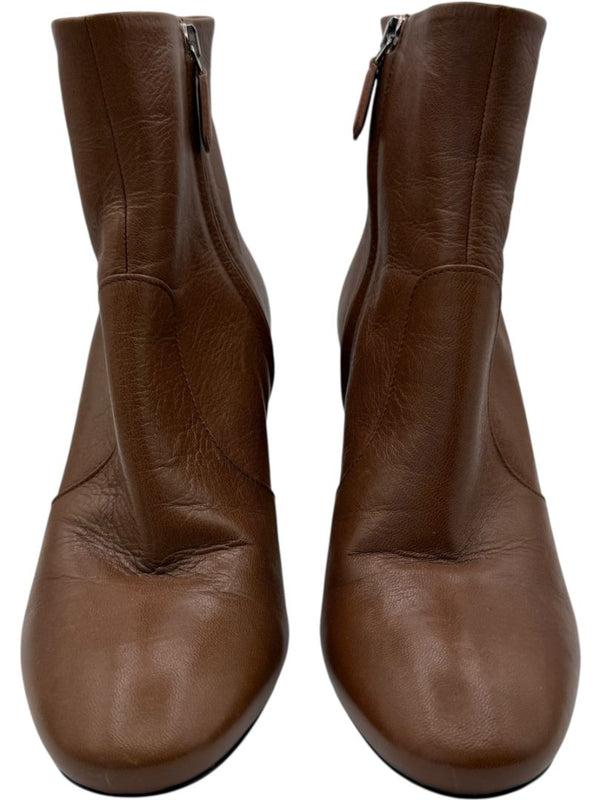 Prada Caramel Round Toe Leather Block Heel Booties – Size 39
