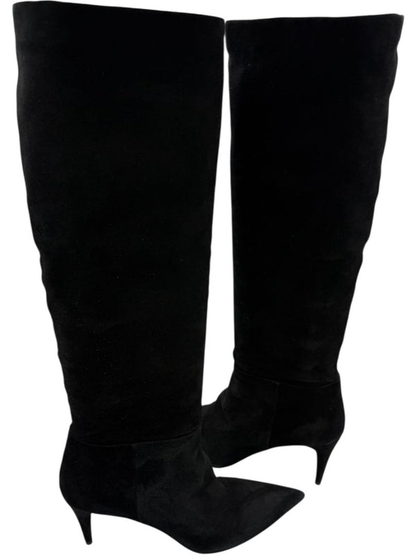 Prada Black Suede Pointed Toe Knee-High Boots – Size 39.5