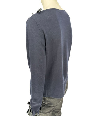 Rena Lange Navy Wool Sweater with Satin Bow Detail – Size 14 US / 46 FR