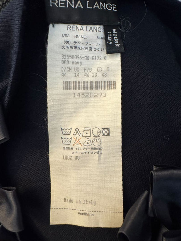 Rena Lange Navy Wool Sweater with Satin Bow Detail – Size 14 US / 46 FR