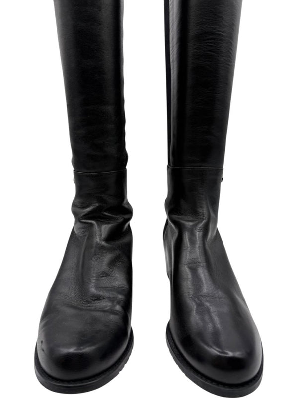 Stuart Weitzman Black Leather & Stretch Fabric 50/50 Knee-High Riding Boots – Size 8M
