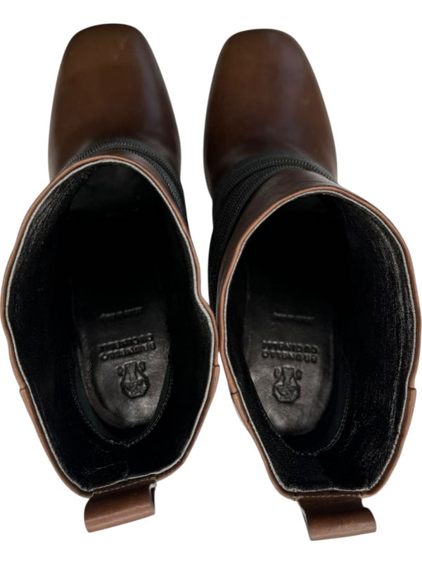 Brunello Cucinelli Brown Leather Ankle Boots with Criss-Cross Monili Straps – Size 39