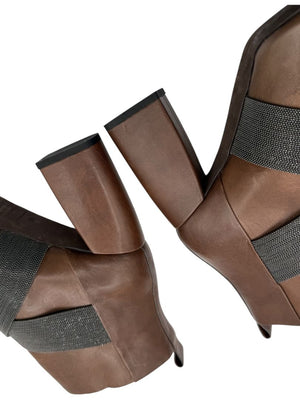 Brunello Cucinelli Brown Leather Ankle Boots with Criss-Cross Monili Straps – Size 39