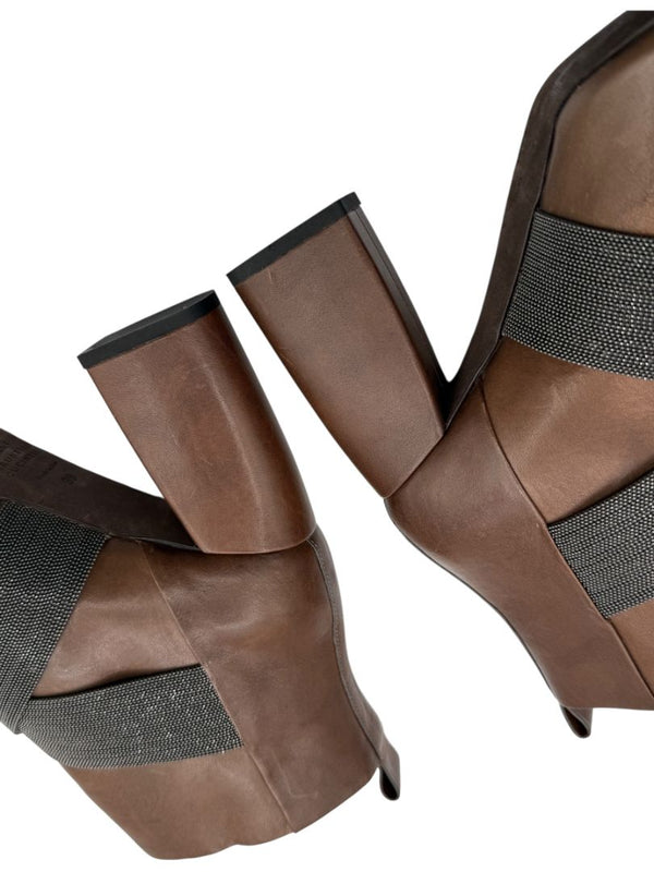 Brunello Cucinelli Brown Leather Ankle Boots with Criss-Cross Monili Straps – Size 39
