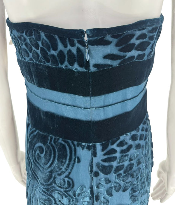 Bill Blass Strapless Blue Velvet Burnout Dress – Size 8
