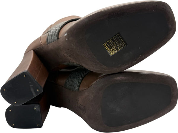 Brunello Cucinelli Brown Leather Ankle Boots with Criss-Cross Monili Straps – Size 39