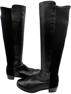 Stuart Weitzman Black Leather & Stretch Fabric 50/50 Knee-High Riding Boots – Size 8M