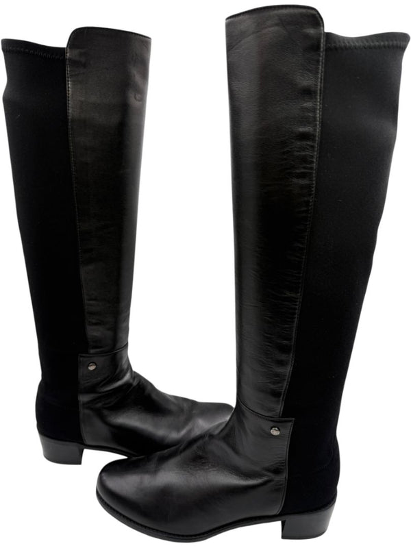 Stuart Weitzman Black Leather & Stretch Fabric 50/50 Knee-High Riding Boots – Size 8M