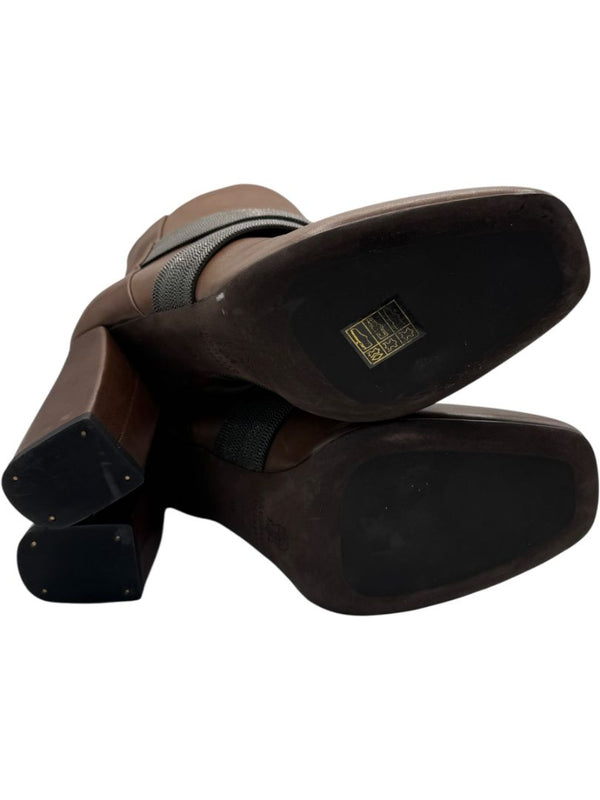 Brunello Cucinelli Brown Leather Ankle Boots with Criss-Cross Monili Straps – Size 39