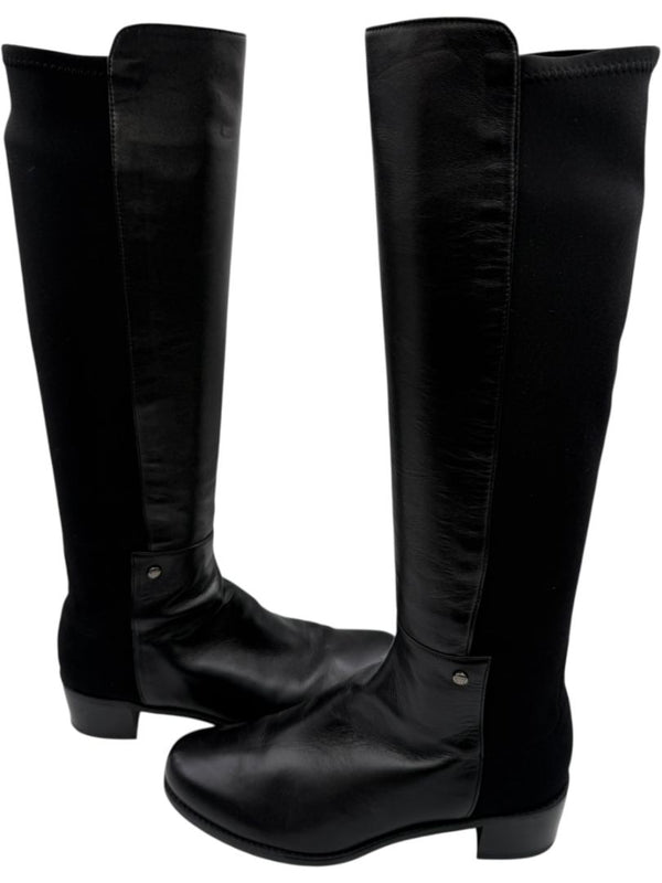 Stuart Weitzman Black Leather & Stretch Fabric 50/50 Knee-High Riding Boots – Size 8M