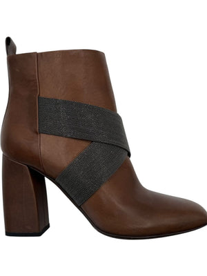 Brunello Cucinelli Brown Leather Ankle Boots with Criss-Cross Monili Straps – Size 39