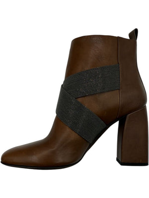 Brunello Cucinelli Brown Leather Ankle Boots with Criss-Cross Monili Straps – Size 39
