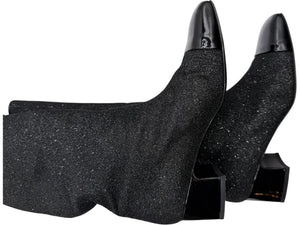 Chanel Black Glitter Fabric & Patent Leather Square Toe Boots – Size 39.5