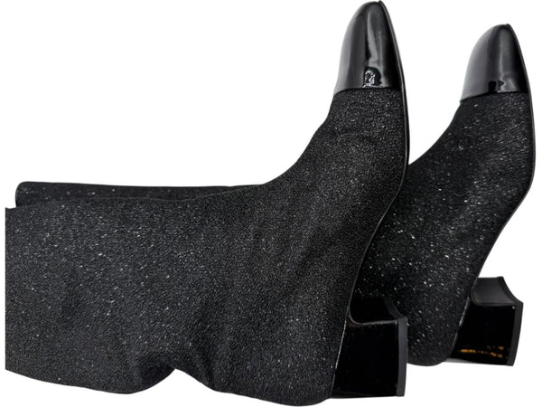 Chanel Black Glitter Fabric & Patent Leather Square Toe Boots – Size 39.5