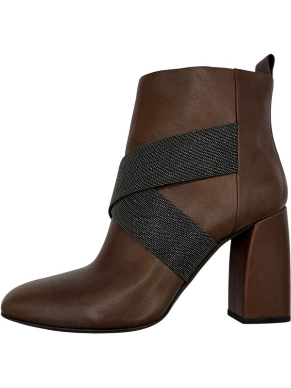 Brunello Cucinelli Brown Leather Ankle Boots with Criss-Cross Monili Straps – Size 39