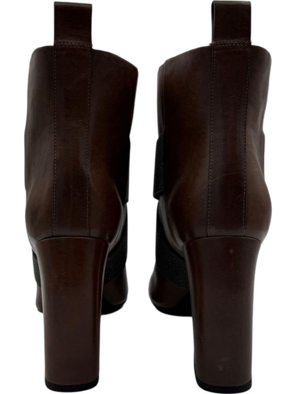 Brunello Cucinelli Brown Leather Ankle Boots with Criss-Cross Monili Straps – Size 39