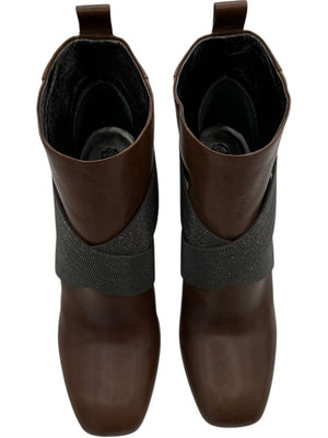 Brunello Cucinelli Brown Leather Ankle Boots with Criss-Cross Monili Straps – Size 39