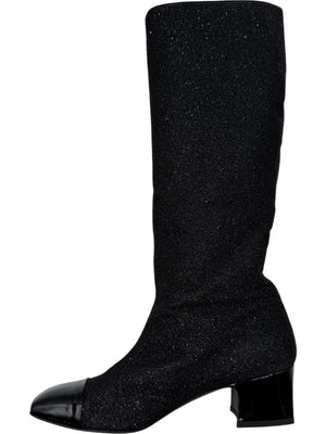 Chanel Black Glitter Fabric & Patent Leather Square Toe Boots – Size 39.5