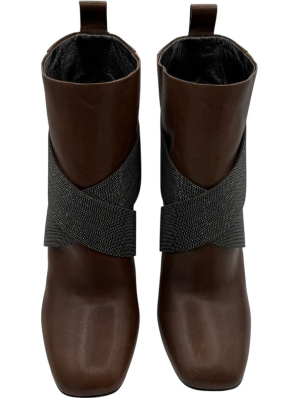 Brunello Cucinelli Brown Leather Ankle Boots with Criss-Cross Monili Straps – Size 39
