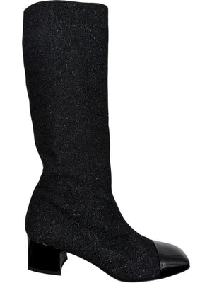 Chanel Black Glitter Fabric & Patent Leather Square Toe Boots – Size 39.5