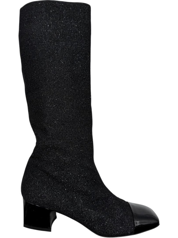 Chanel Black Glitter Fabric & Patent Leather Square Toe Boots – Size 39.5