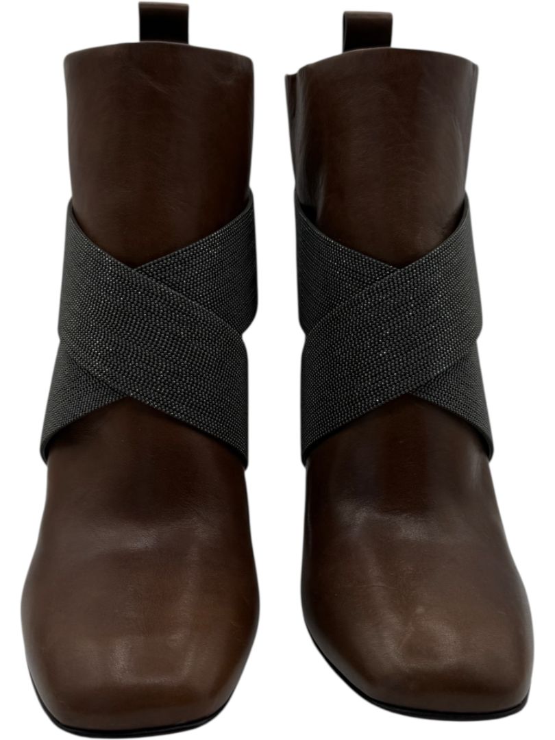Brunello Cucinelli Brown Leather Ankle Boots with Criss-Cross Monili Straps – Size 39