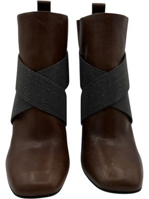 Brunello Cucinelli Brown Leather Ankle Boots with Criss-Cross Monili Straps – Size 39